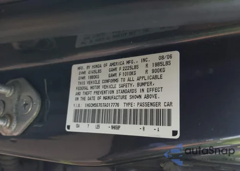 2007 Honda Accord 2.4 Ex из США, поврежденный, VIN 1HGCM56707A017776